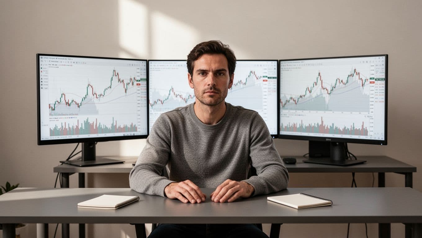 A solo trader in a professional home office setup monitors abstract forex charts on dual screens with no readable text, tracks progress using a nearby notepad, and maintains a focused expression under natural overhead lighting.
