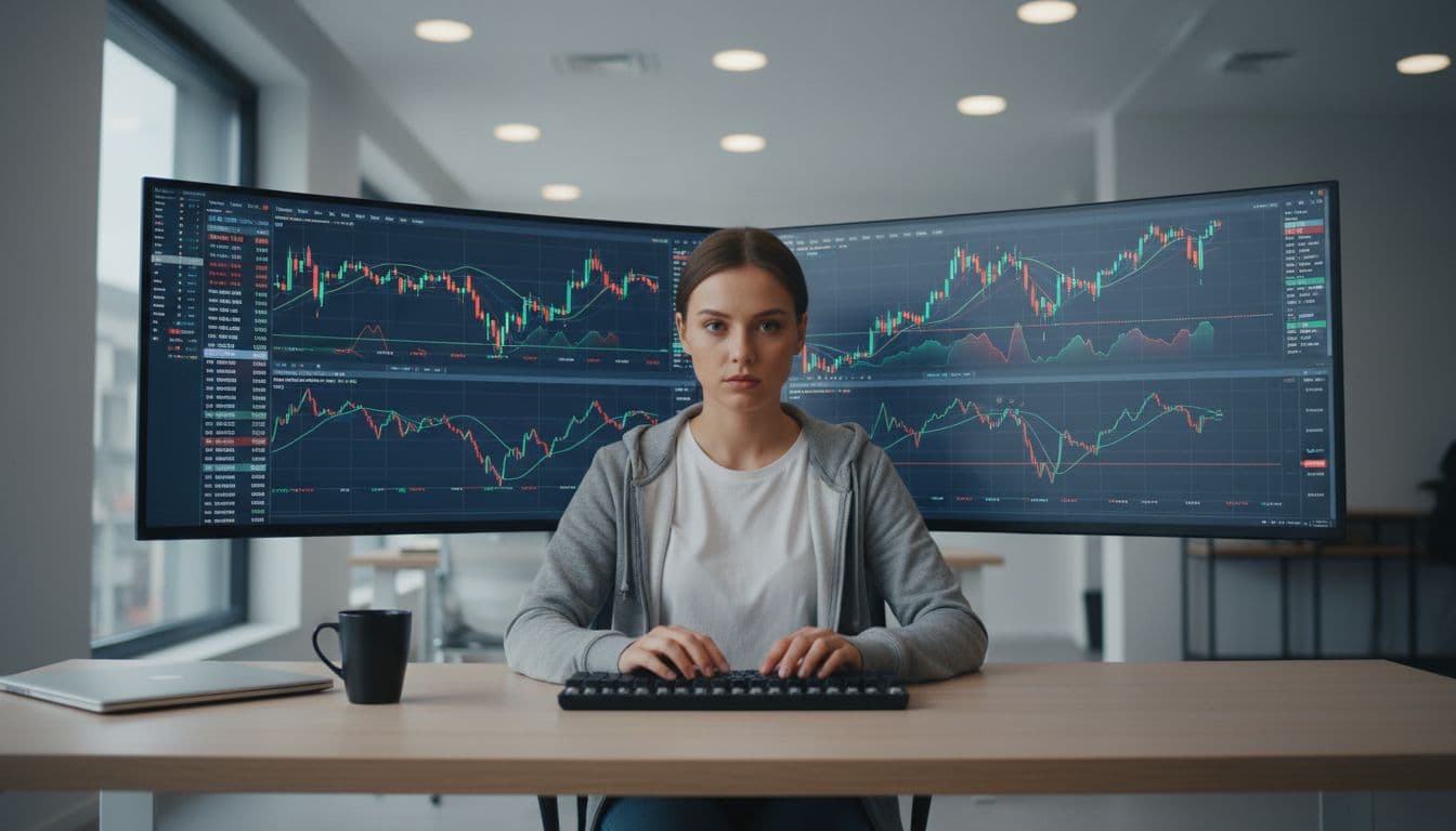 A focused trader sits at a modern desk with dual monitors displaying forex trading charts and a demo account balance on the MetaTrader 5 platform, under soft office lighting in a realistic style.