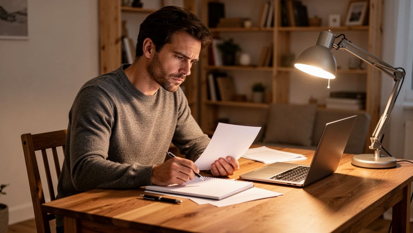 A serious male trader in his 30s sits at a neat wooden desk in a cozy home office, intently reviewing a notepad with a pen resting beside his laptop. Warm desk lamp illuminates his focused expression as he looks down at the papers.