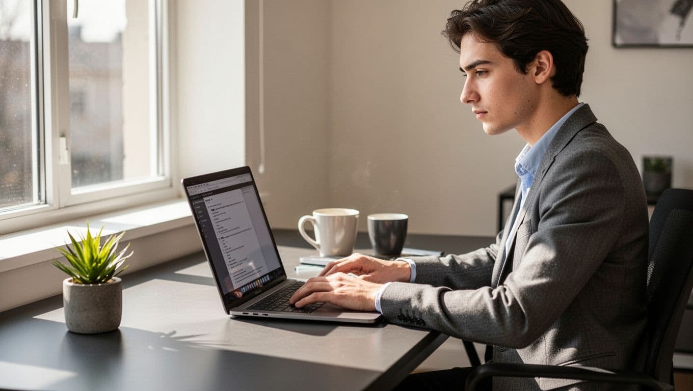 A focused young trader in a modern home office sits at a desk with an open laptop displaying a partially visible signup form, typing details like email and country selection. Natural daylight from the window, clean background with plant and coffee mug, realistic photography style.
