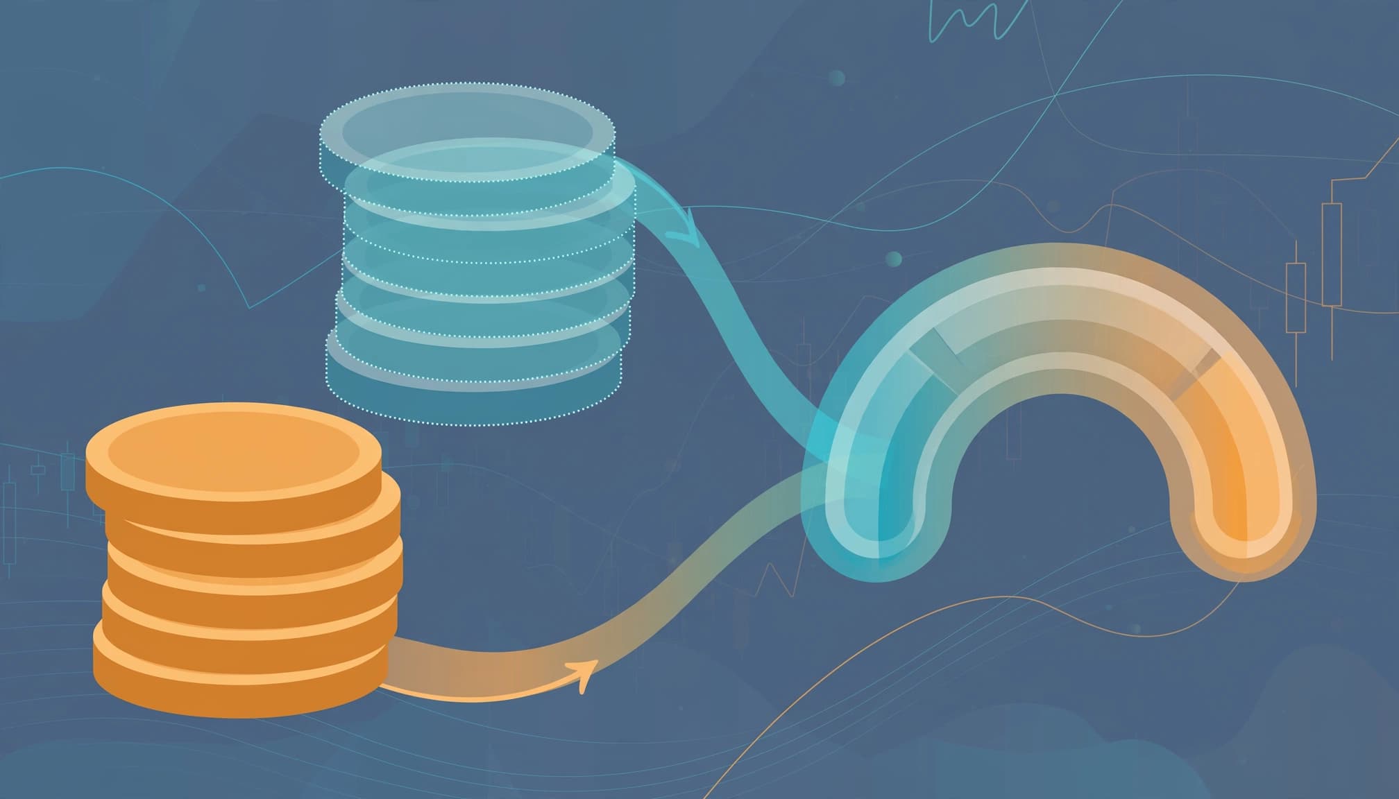 An editorial illustration of two coin stacks feeding into an abstract currency balance meter.