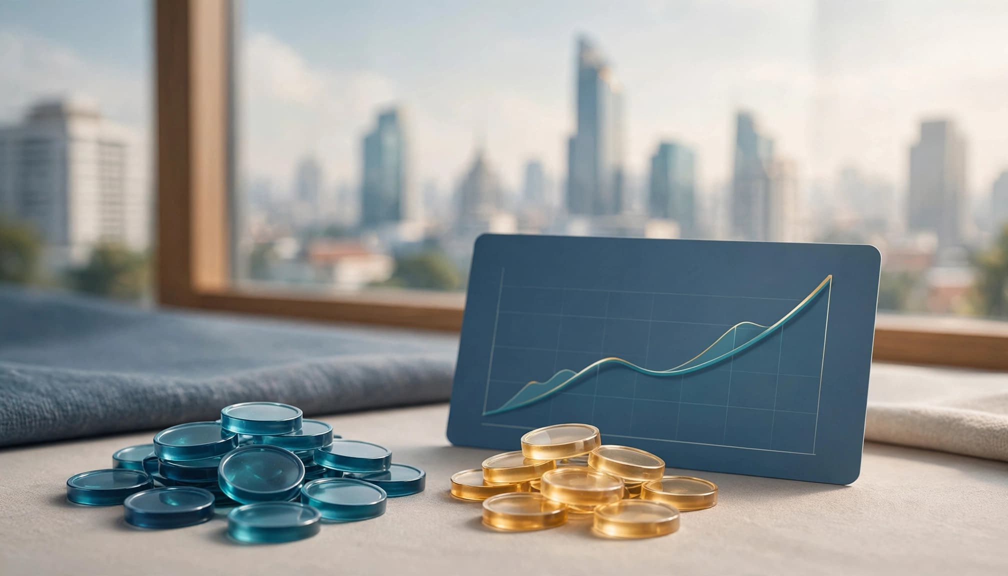 A financial chart card and stacks of blue and gold tokens sit on a desk with a city skyline in the background.