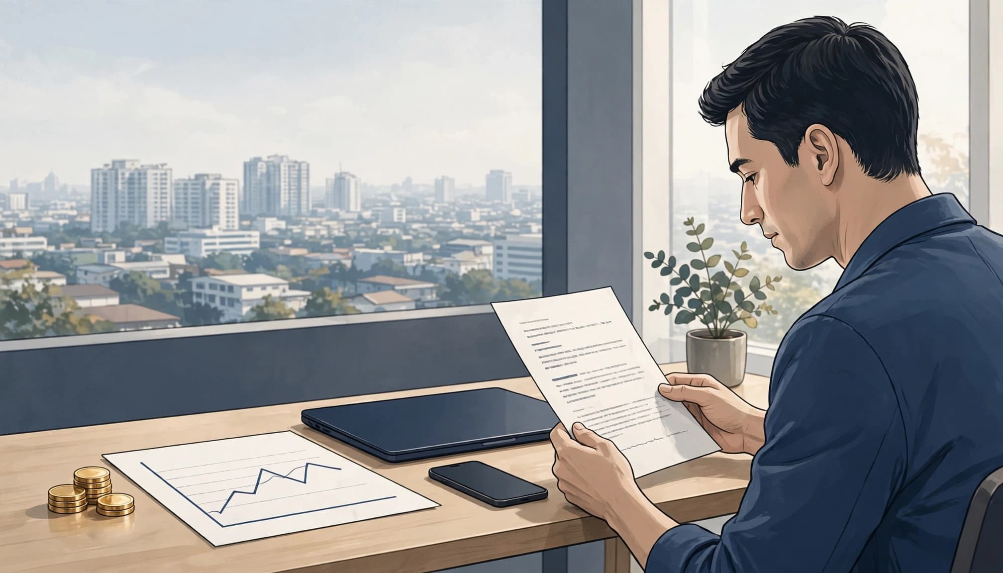 A man reviewing terms on paper at a desk with gold coins, a chart, a laptop, and a city view.