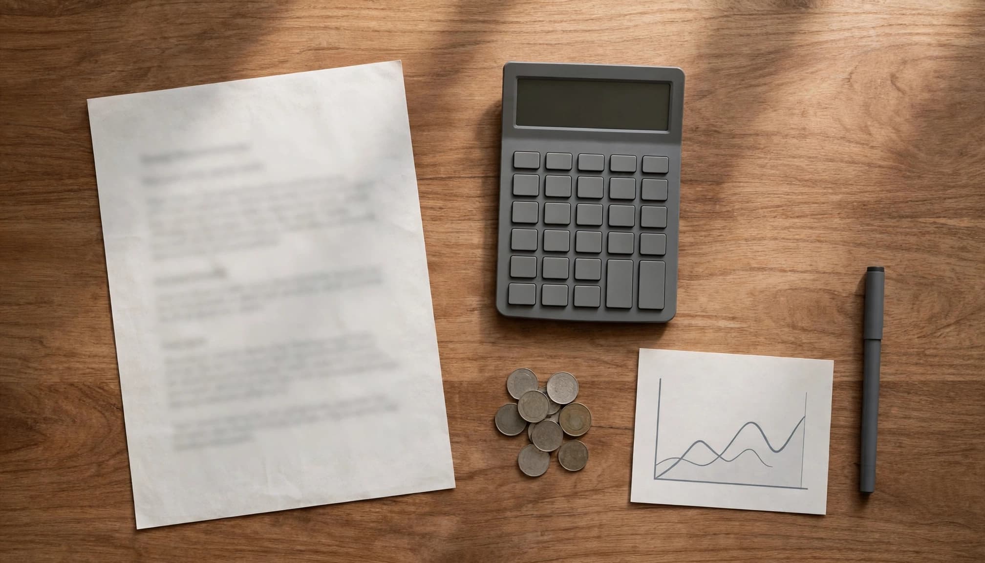 A top-down view of a contract, calculator, coins, chart, and pen on a wooden table.