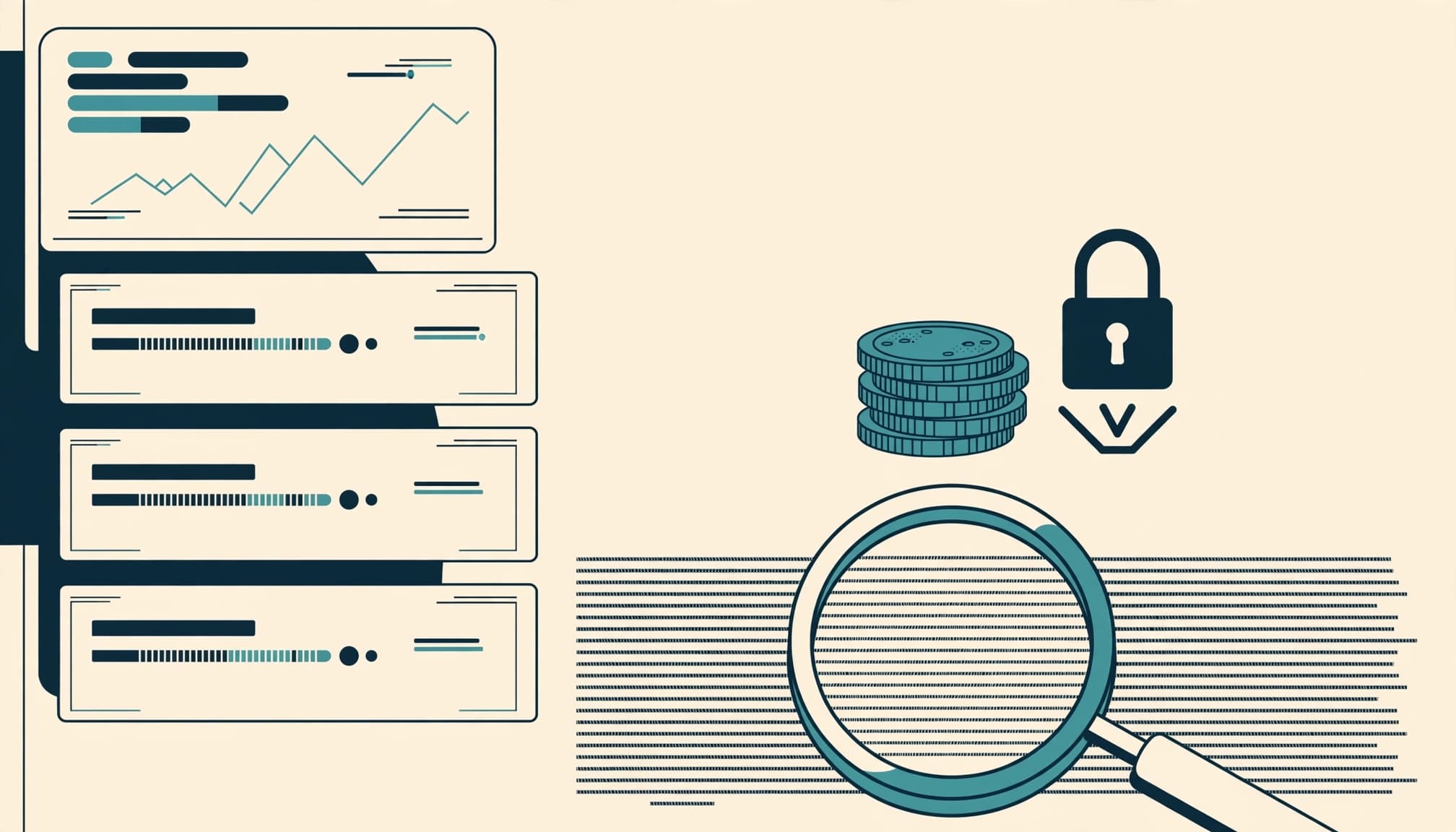A minimalist financial illustration showing trading panels, coin stacks, a locked withdrawal symbol, and a magnifying glass.