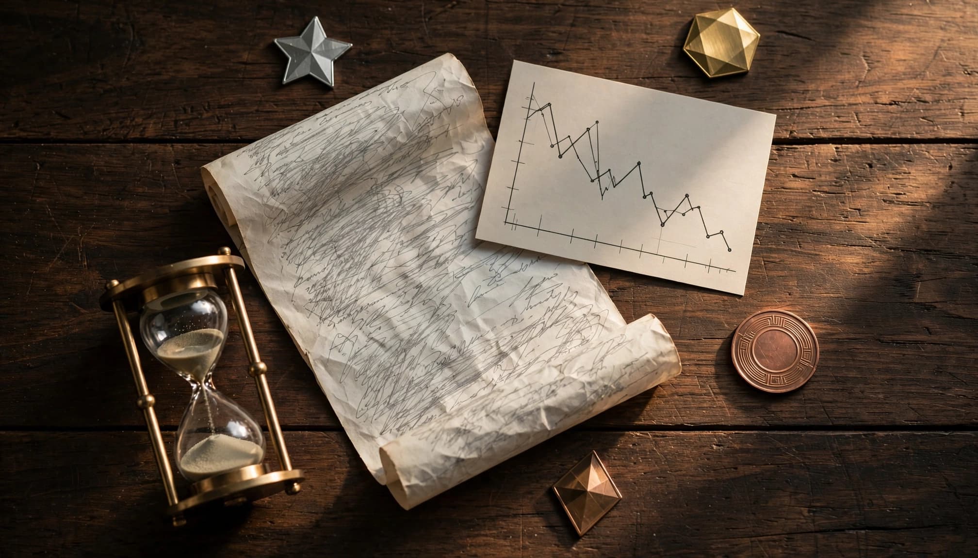 An hourglass, a chart, a scribbled scroll, and token shapes on a wooden surface.