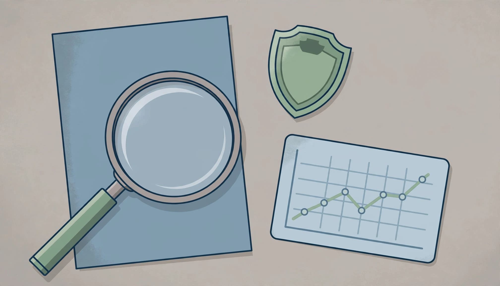 A vector illustration of a magnifying glass, a shield, and a line chart on a table.