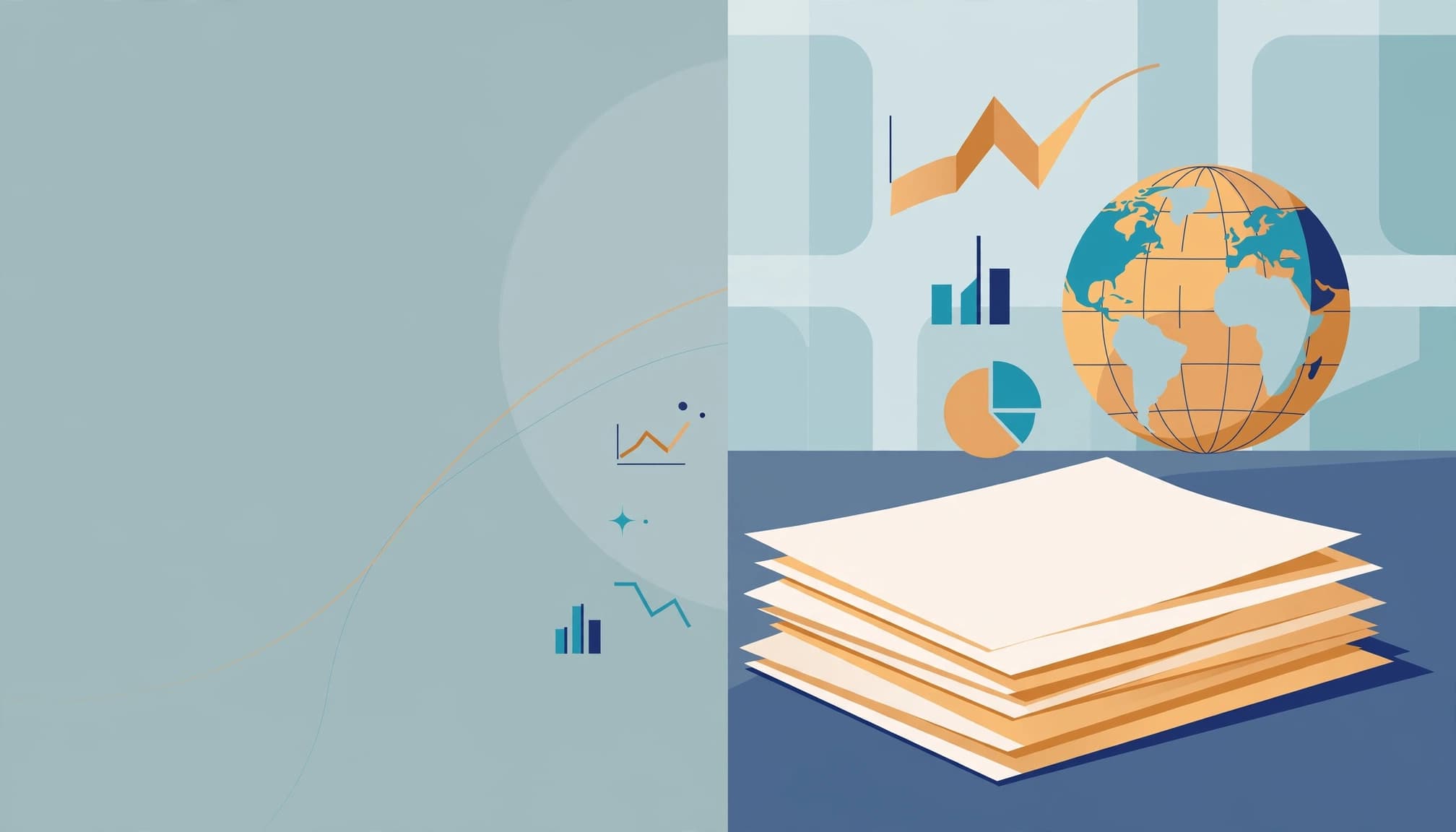 An illustration of a stack of papers, a globe, and financial charts.