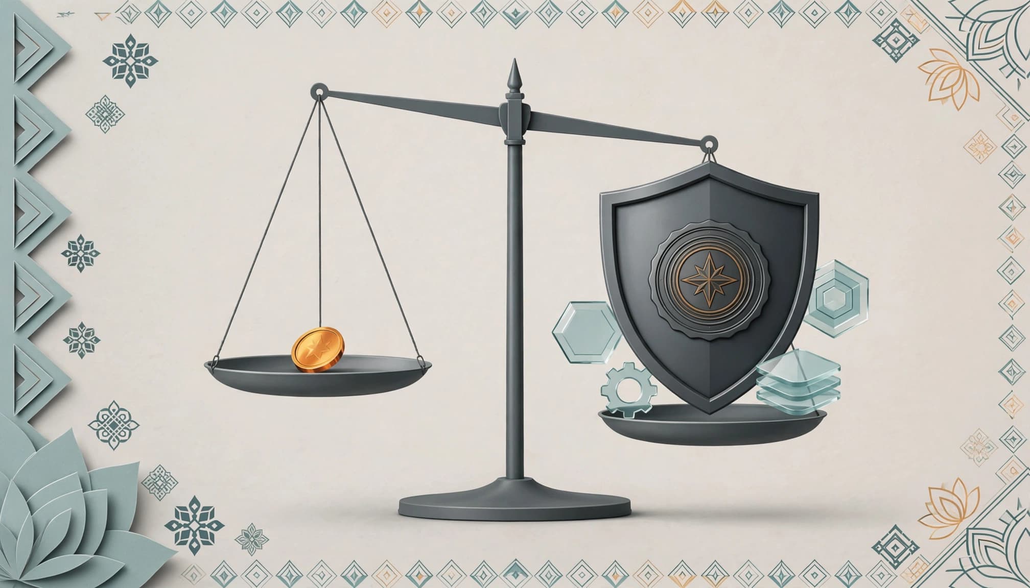 A balance scale with a coin on one side and a shield with a seal on the other against a patterned background.