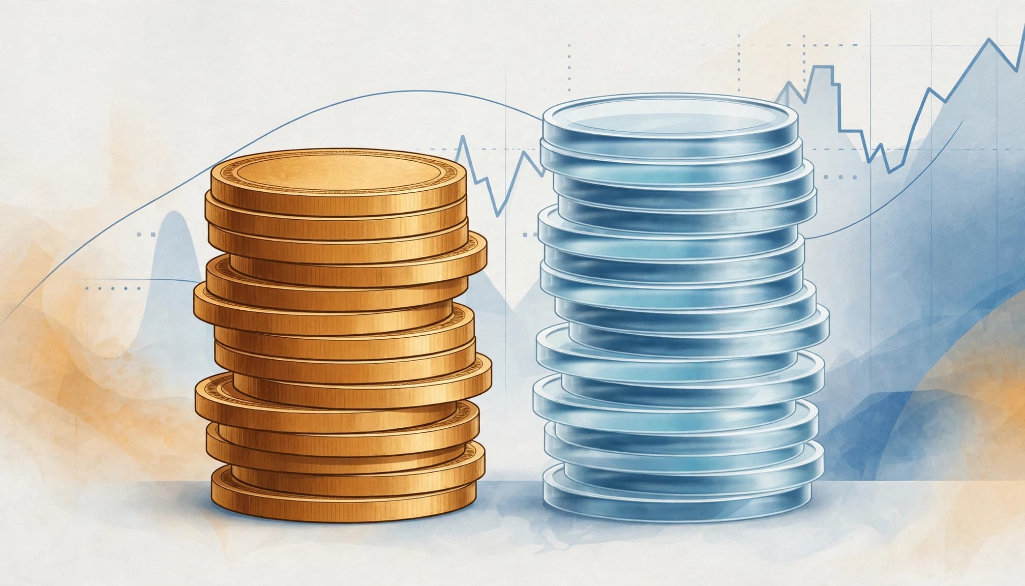Two stacks of coins, one golden and one blue, against an abstract chart background.
