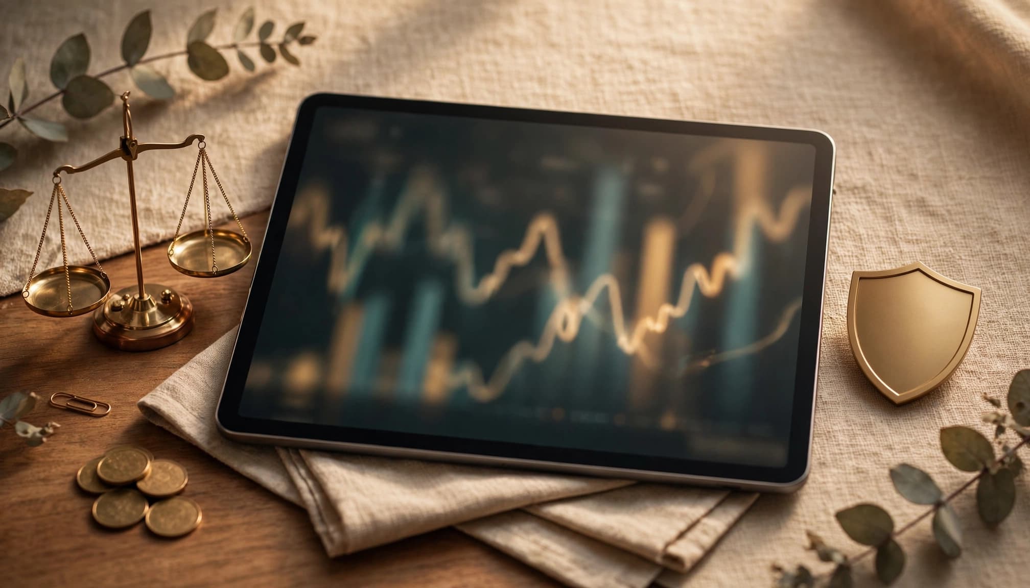 A tablet showing a financial chart, accompanied by a small scale, a shield, and coins on a cloth surface.