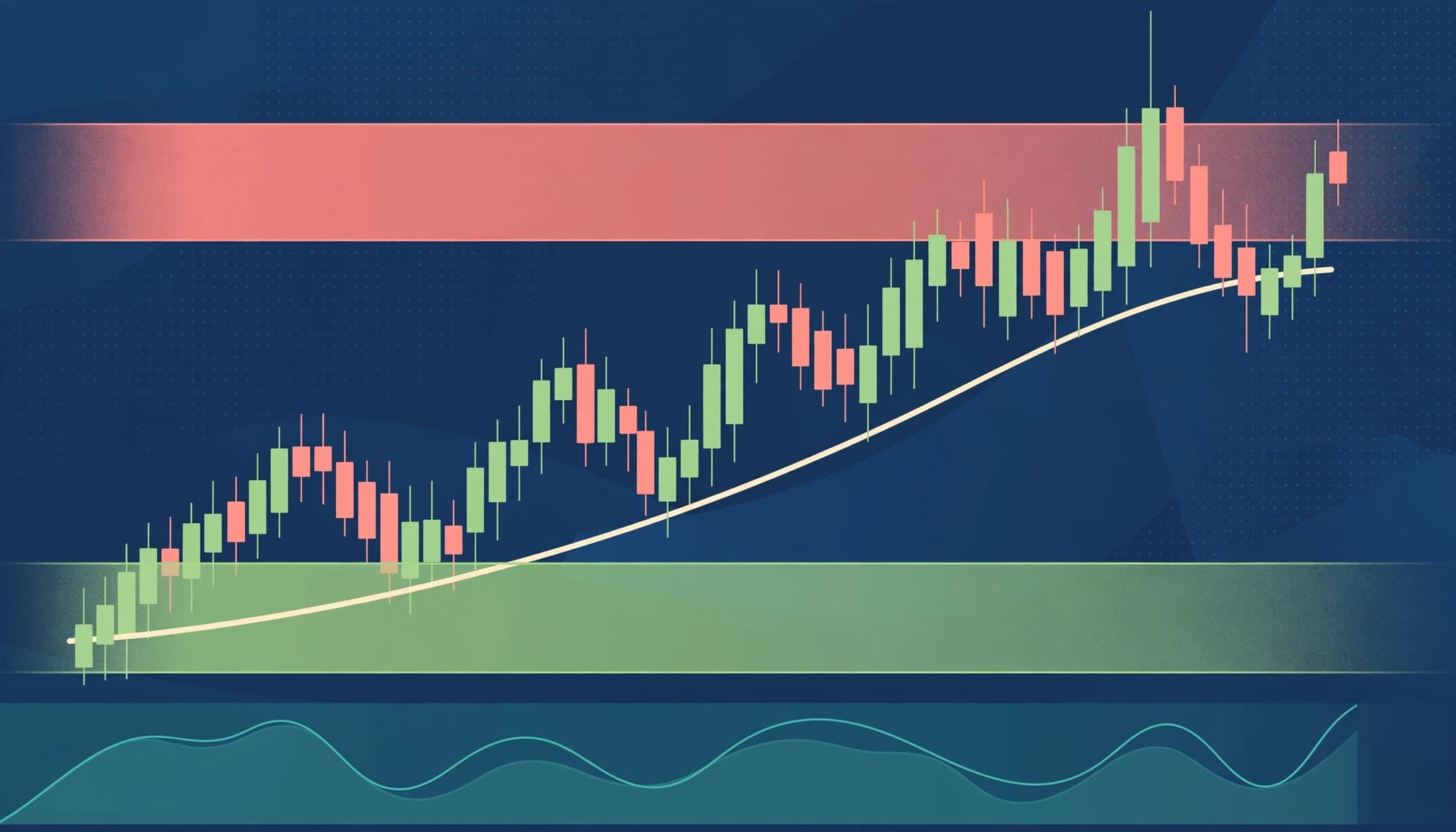 An editorial illustration of a forex price chart with support and resistance zones and a rising trend.