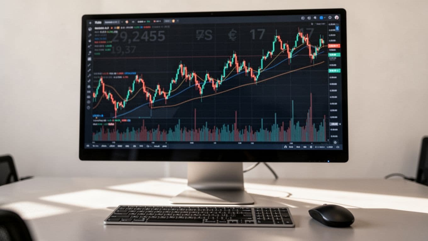 Close-up of computer screen displaying faint forex charts like EUR/USD and XAU/USD, with mouse and keyboard on desk.