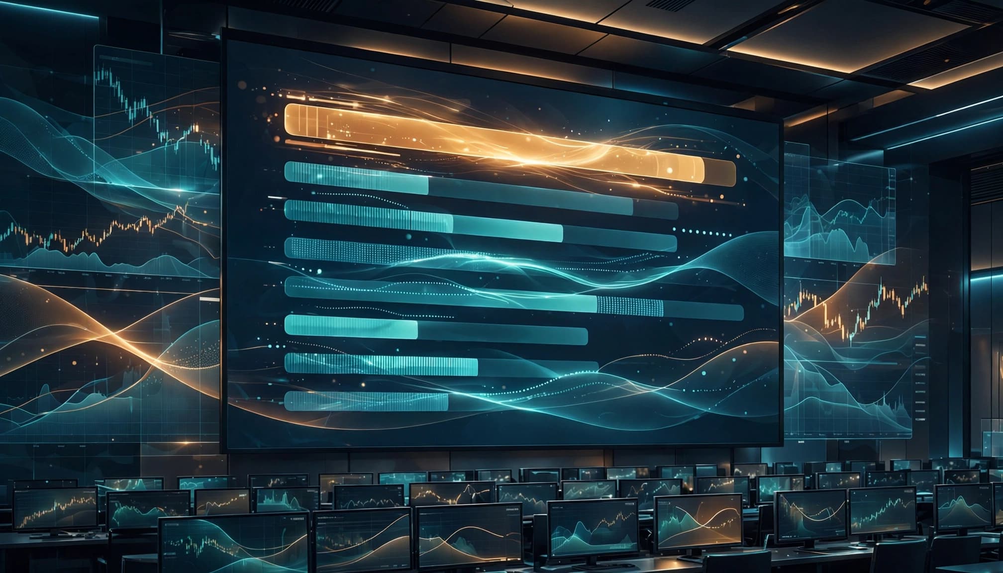 A large wall display showing abstract ranking bars and market price lines in a modern trading room.