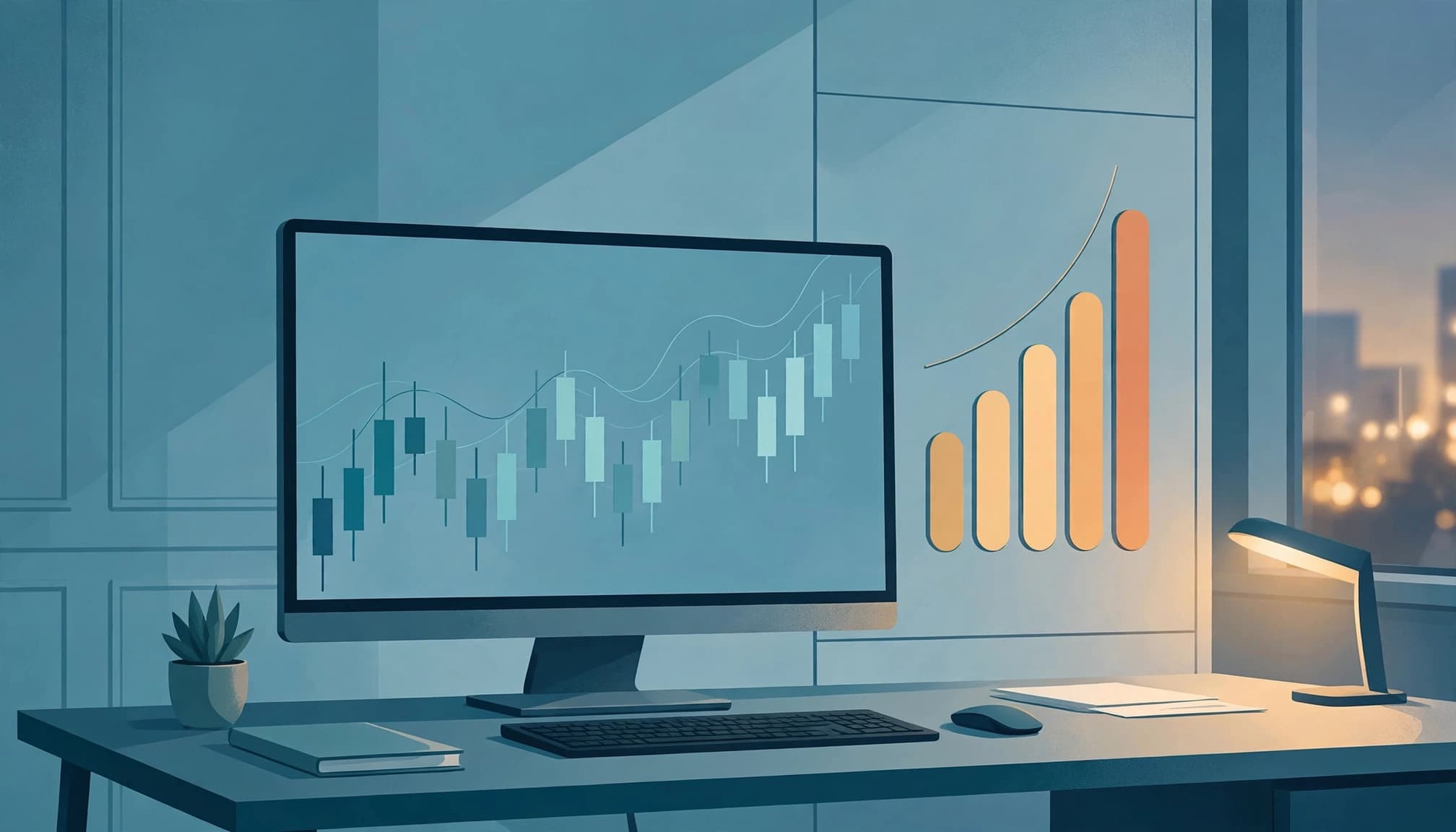 A modern desk with a computer monitor displaying candlestick charts and a rising bar graph on the wall.