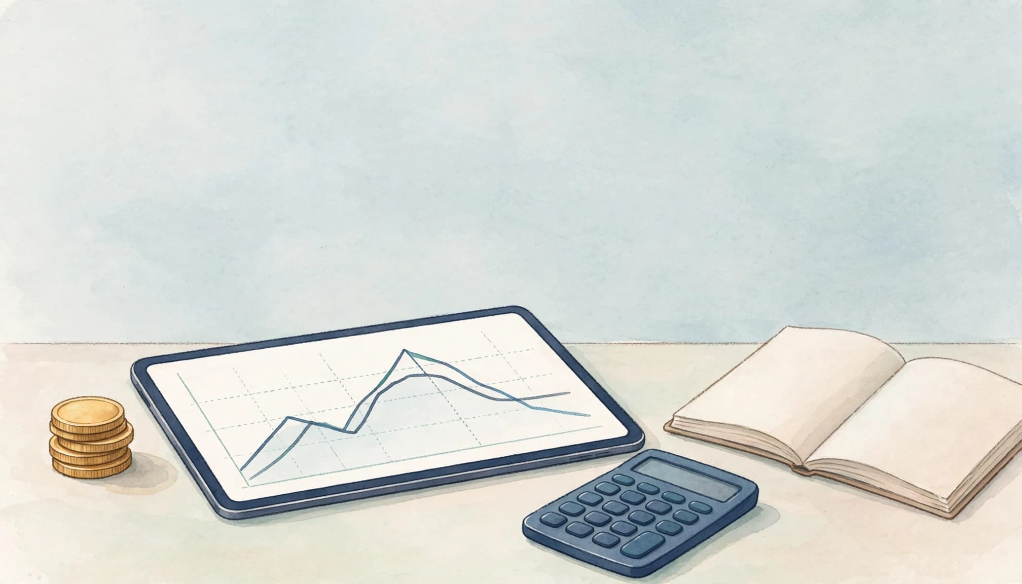 A stack of gold coins, a tablet with a market chart, a calculator, and a notebook on a desk.