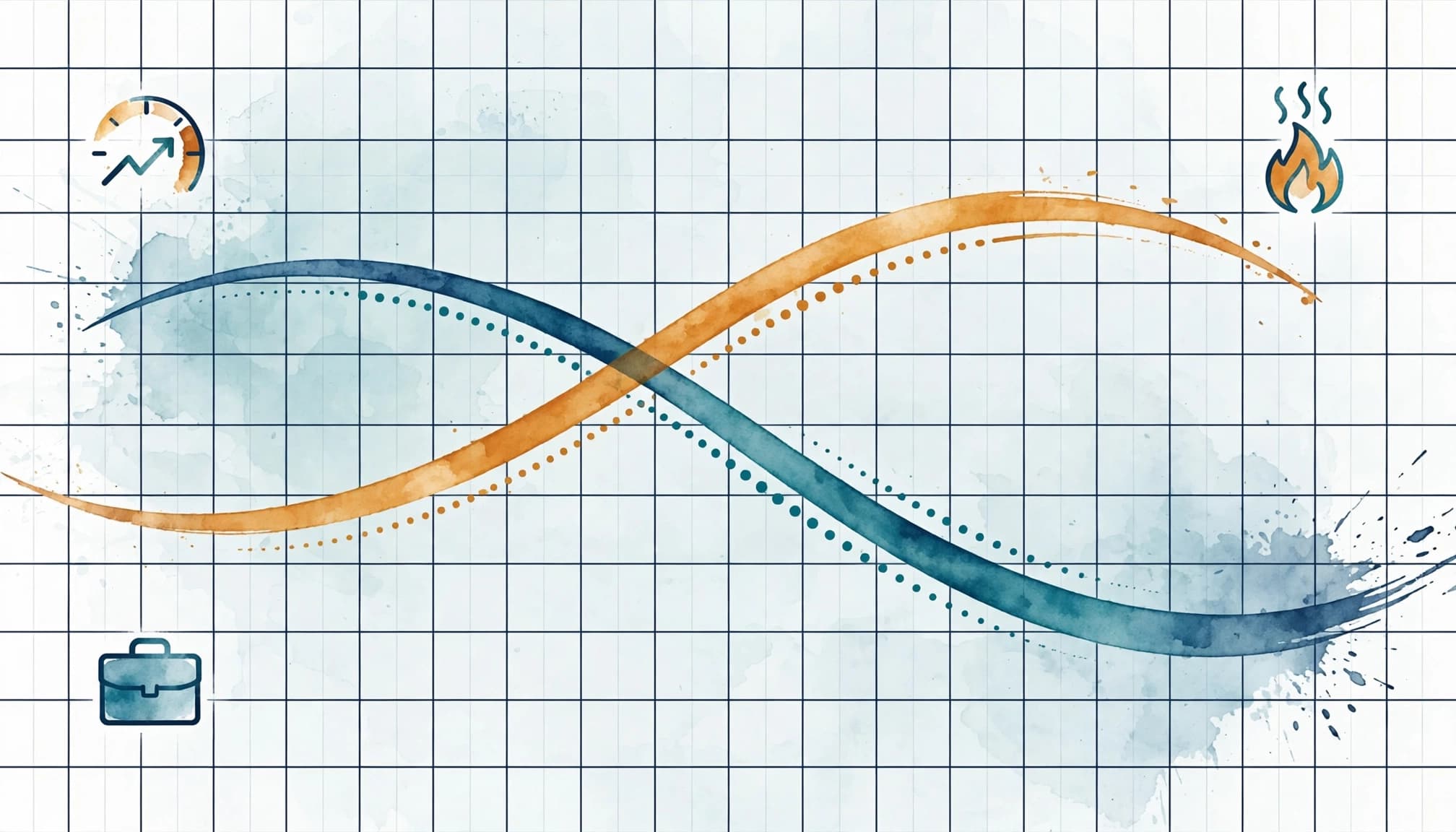 A financial grid with blue and orange currency paths and icons for market cues.