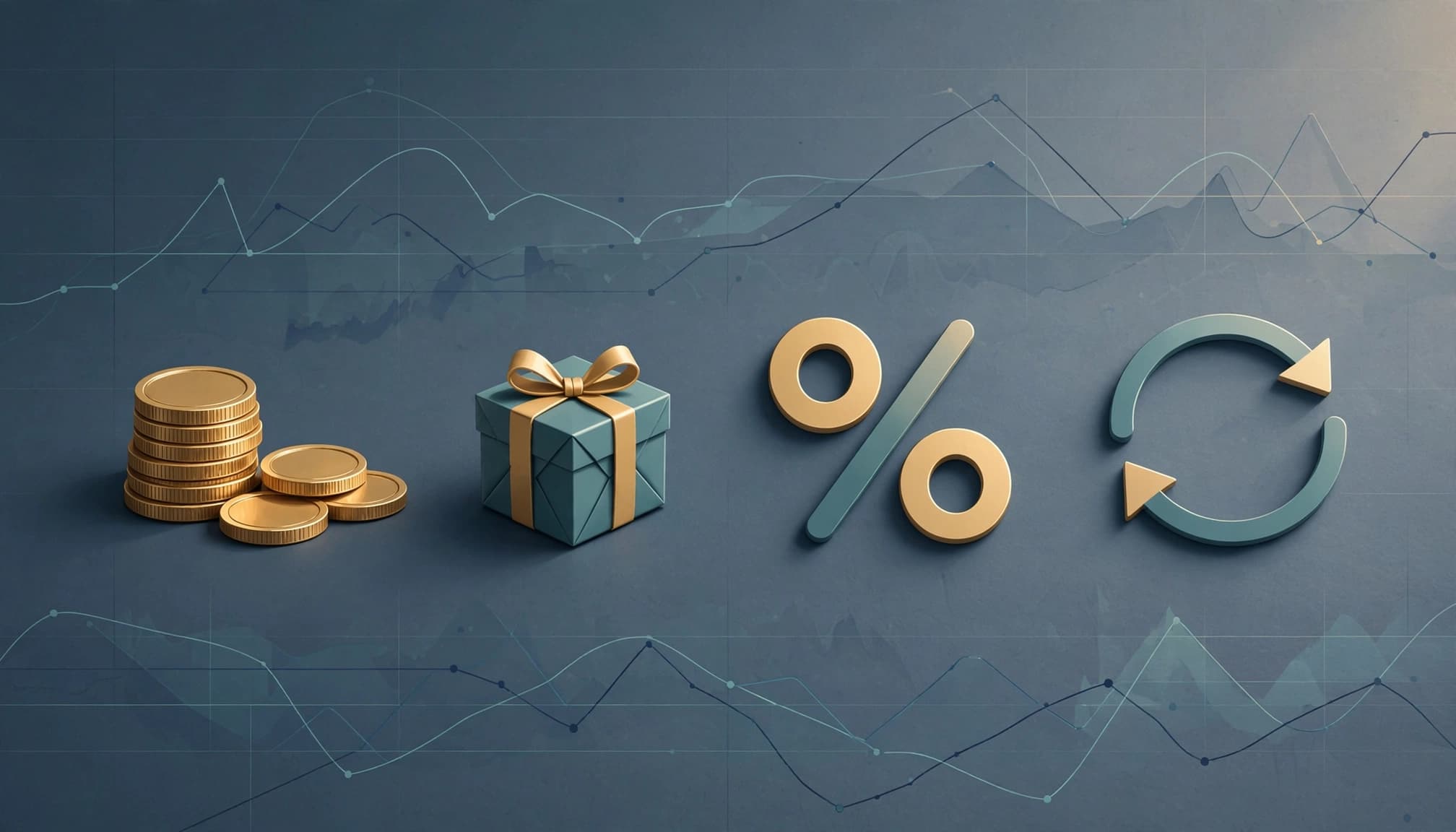 Coins, a gift box, a percentage symbol, and a loop arrow on a background with chart lines.