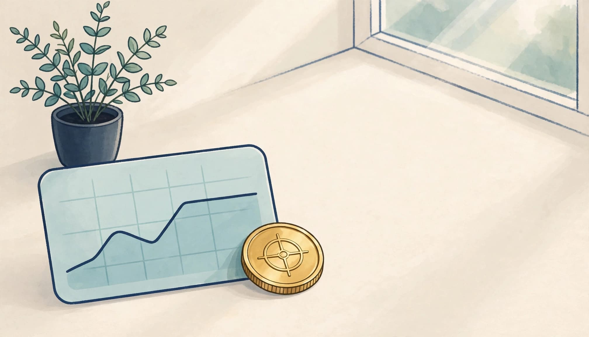 An editorial illustration of a gold coin and a currency chart next to a potted plant.