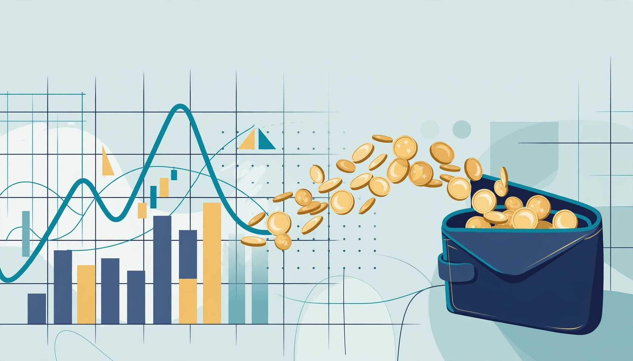 An illustration of gold coins flowing from a forex chart into a blue wallet.