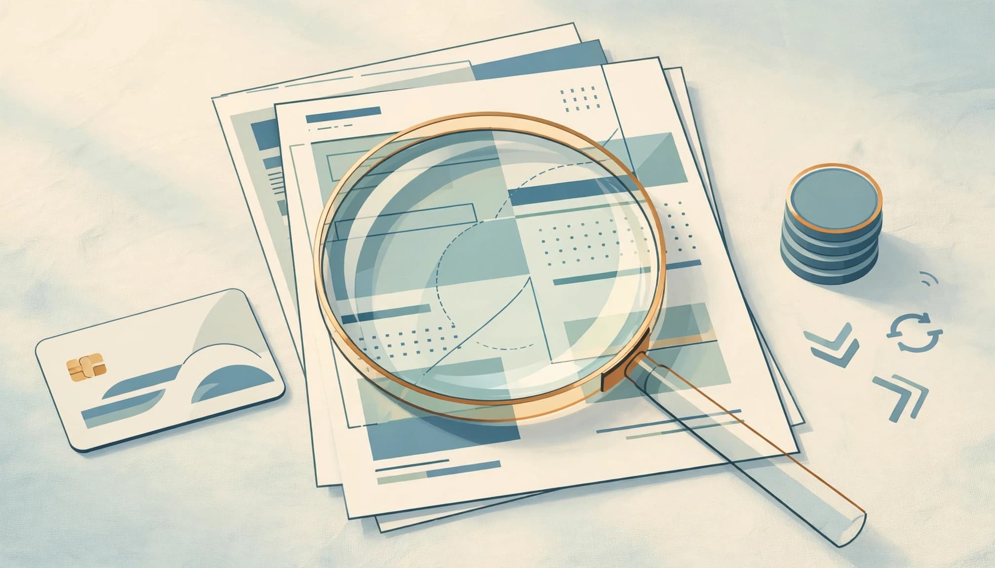A conceptual illustration of a magnifying glass over documents, a coin stack, and a payment card icon.
