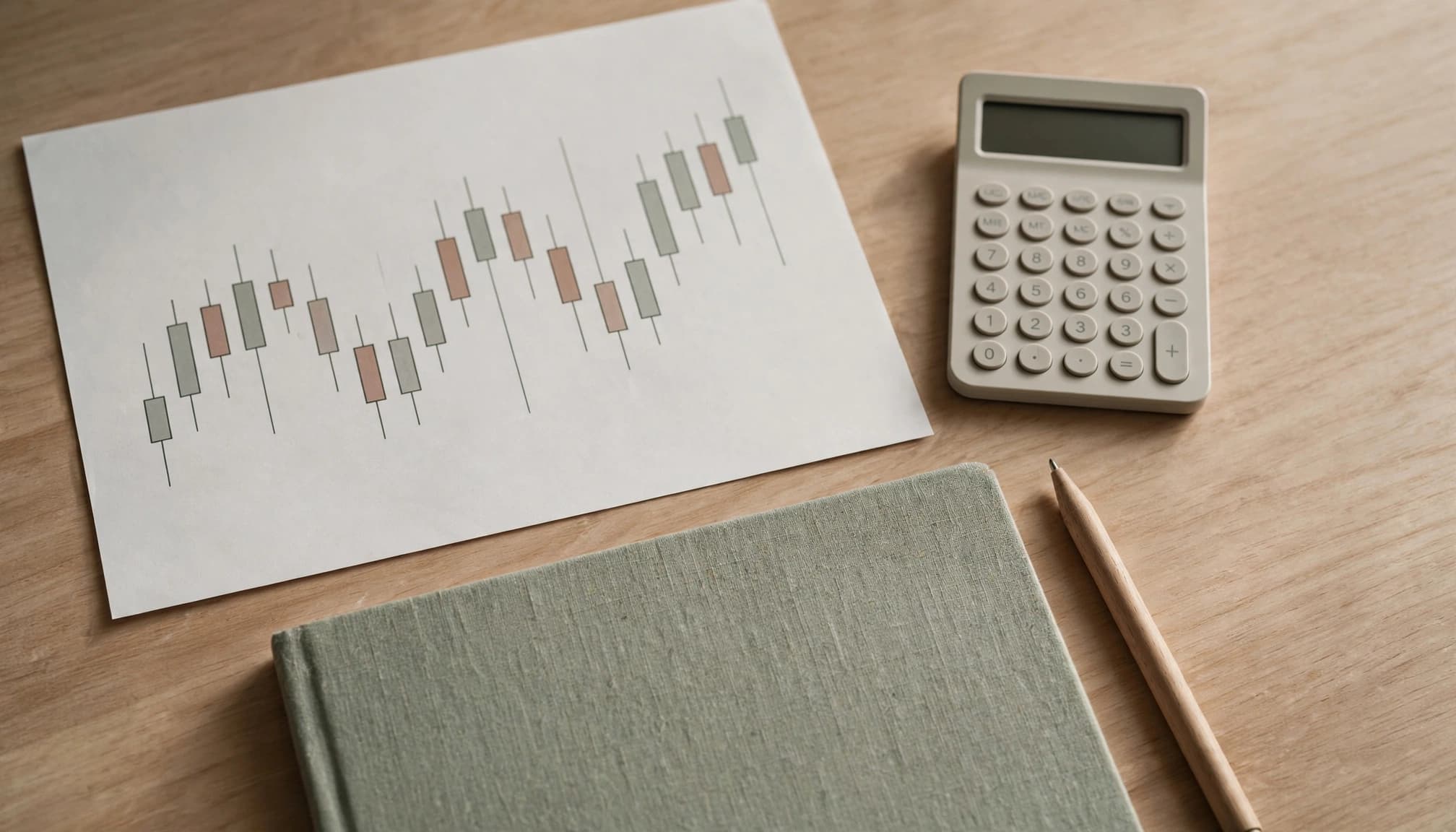 An overhead view of a printed candlestick chart, a calculator, a notebook, and a pencil on a wooden desk.