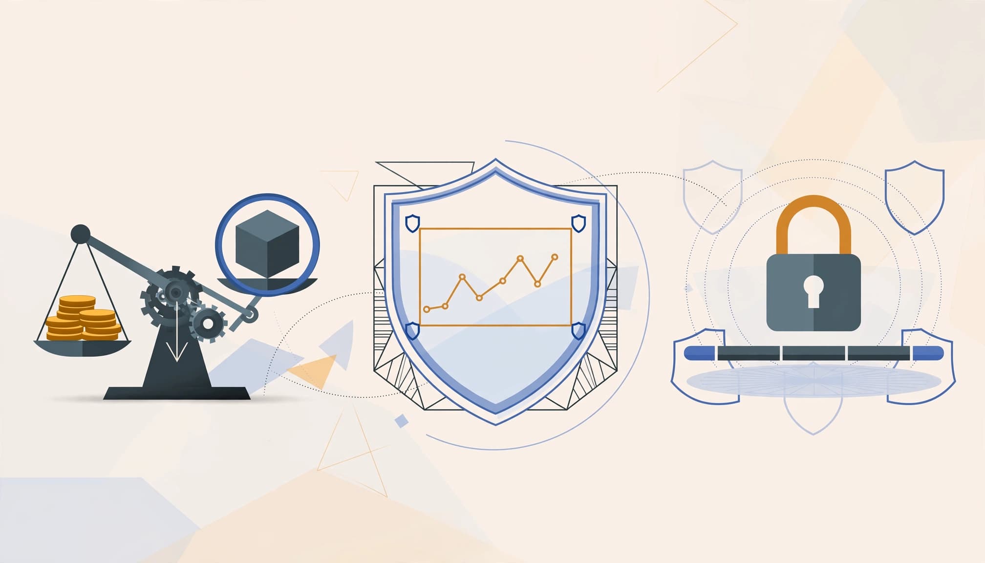 An abstract illustration of a balance scale with coins, a guarded chart inside a shield, and a secure lock icon.