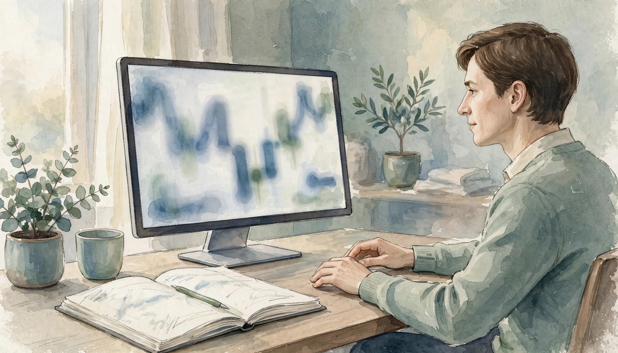 A watercolor illustration of a trader at a desk reviewing a large monitor displaying a chart and a journal.