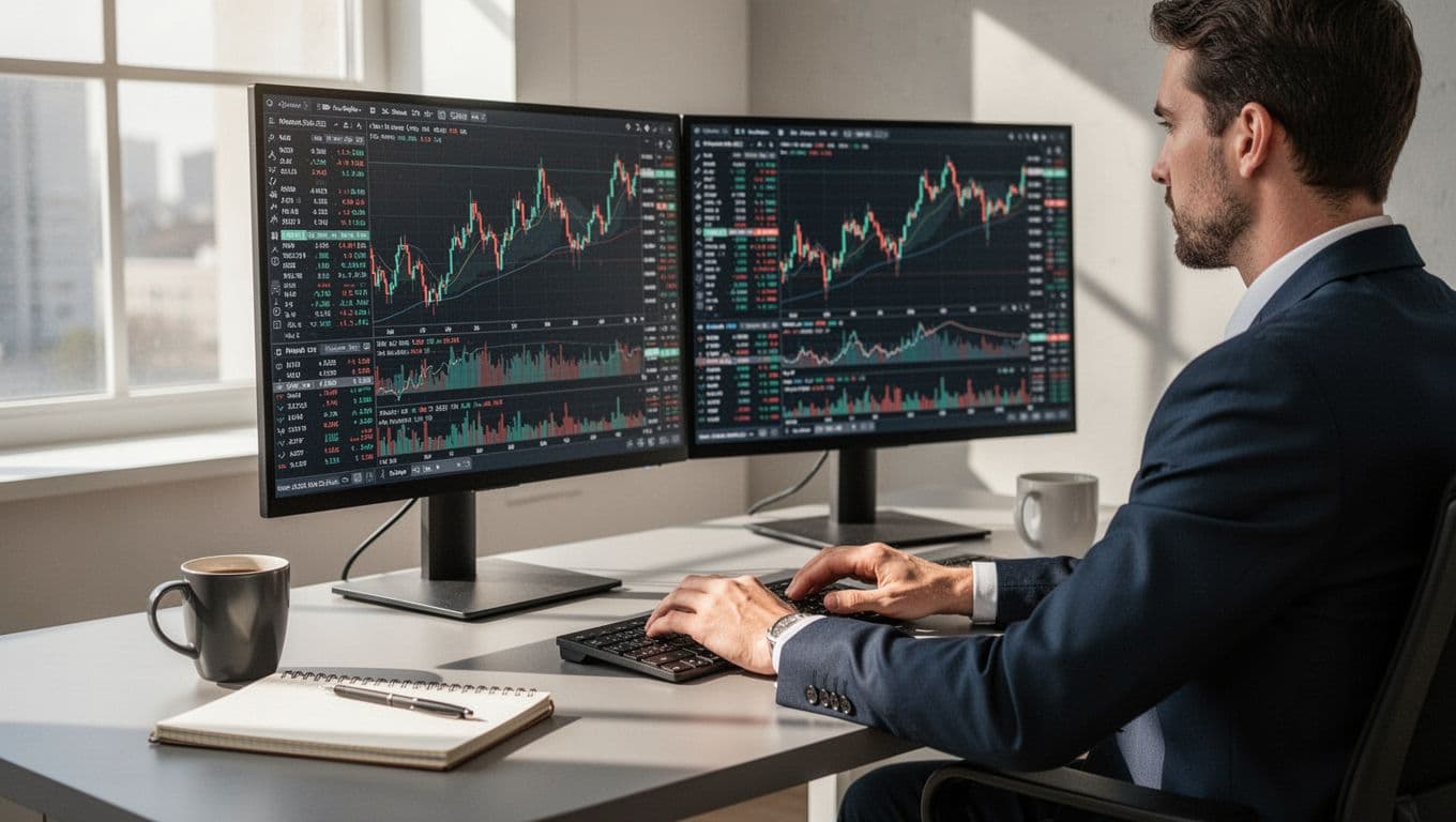 Forex trader at desk with dual monitors displaying currency pair charts, hands on keyboard, coffee mug nearby.