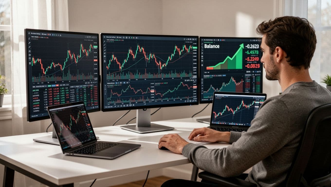 A relaxed forex trader sits at a modern desk in a home office, monitoring multiple computer screens displaying currency charts and an account dashboard with increased balance from deposit bonus, with a laptop nearby and natural daylight from the window.