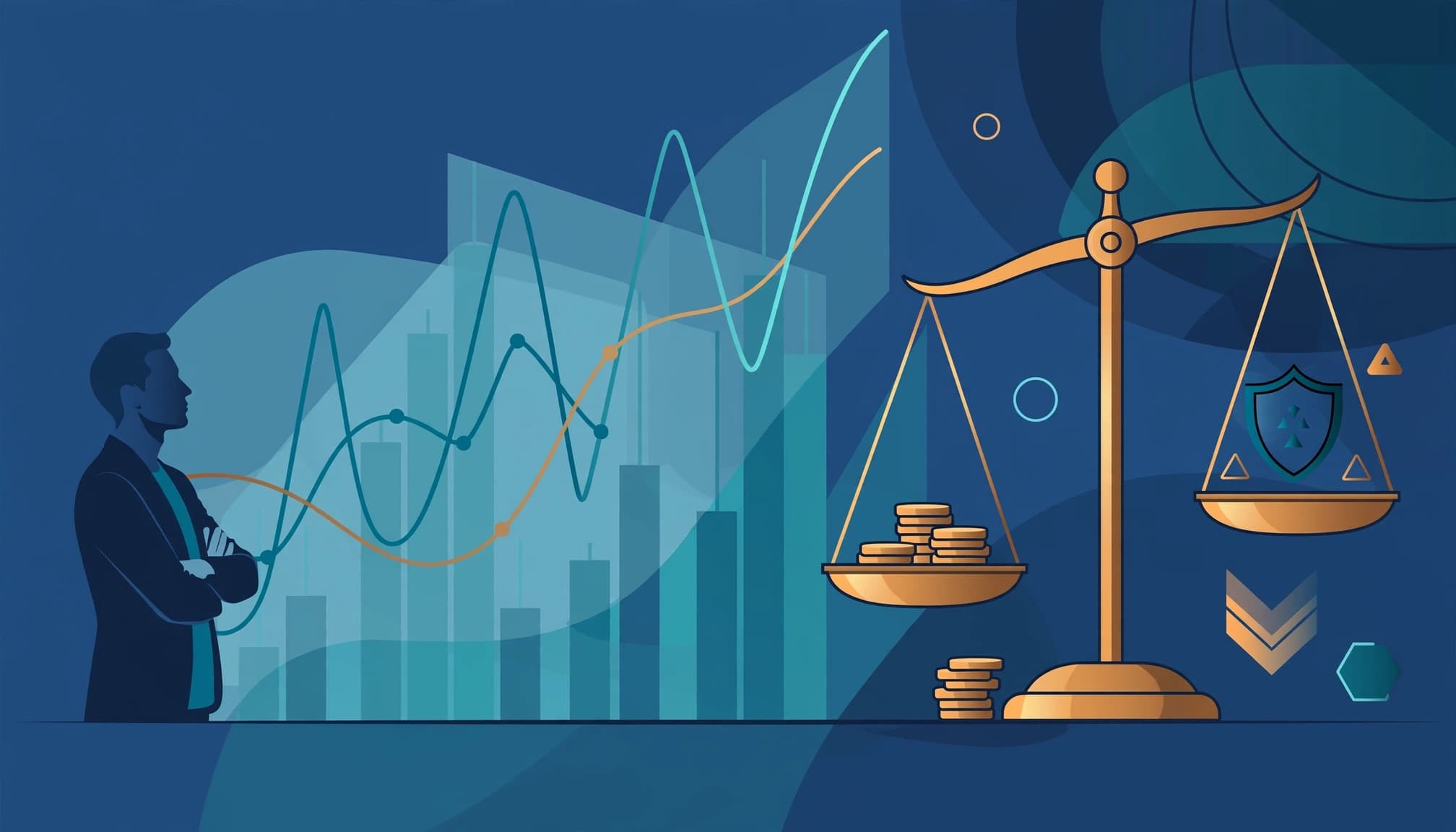 Editorial illustration of a trader looking at a forex chart next to a balance scale with coins and a shield.