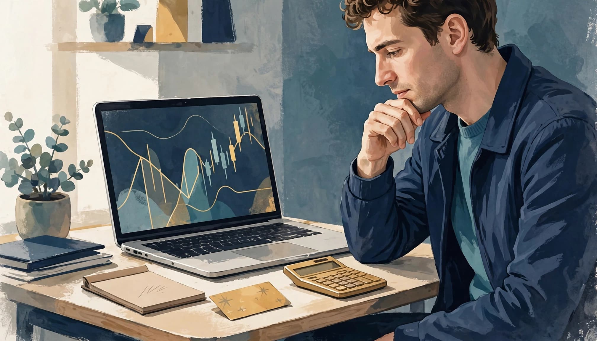 A man seated at a desk looks thoughtfully at a laptop displaying financial charts.