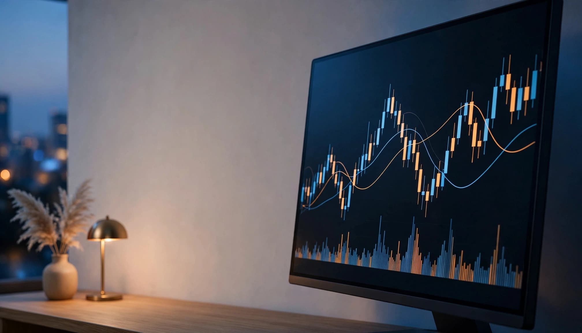 A computer monitor displaying blue and amber trading charts on a wooden desk at dusk.