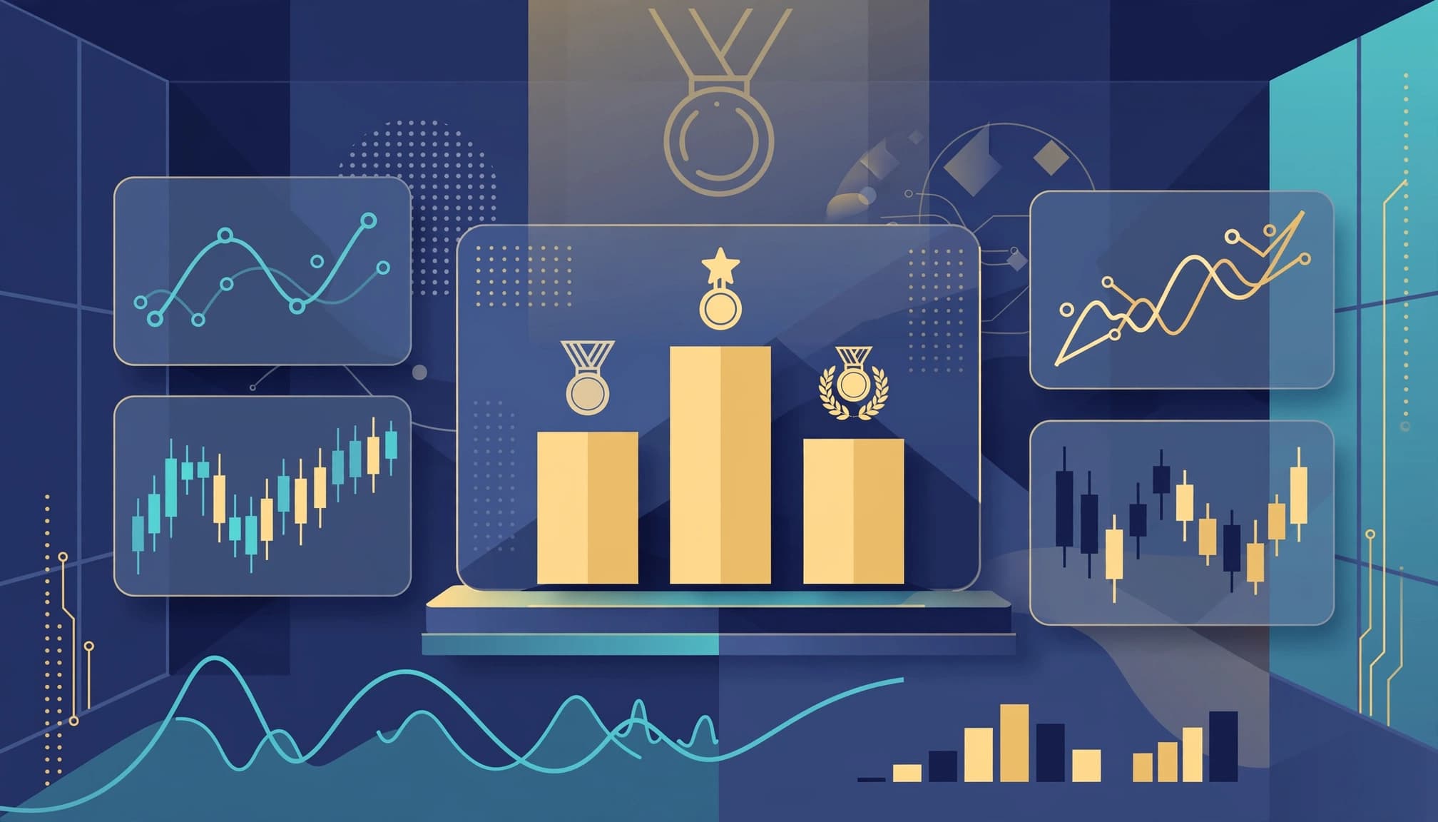 A vector illustration of financial charts, data graphs, and a central podium with medals in blue and gold.