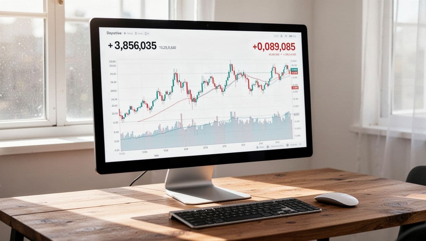Clean computer screen displaying a forex trading platform dashboard with EUR/USD charts and $250 trading credit balance on a wooden desk with peripherals in natural light.