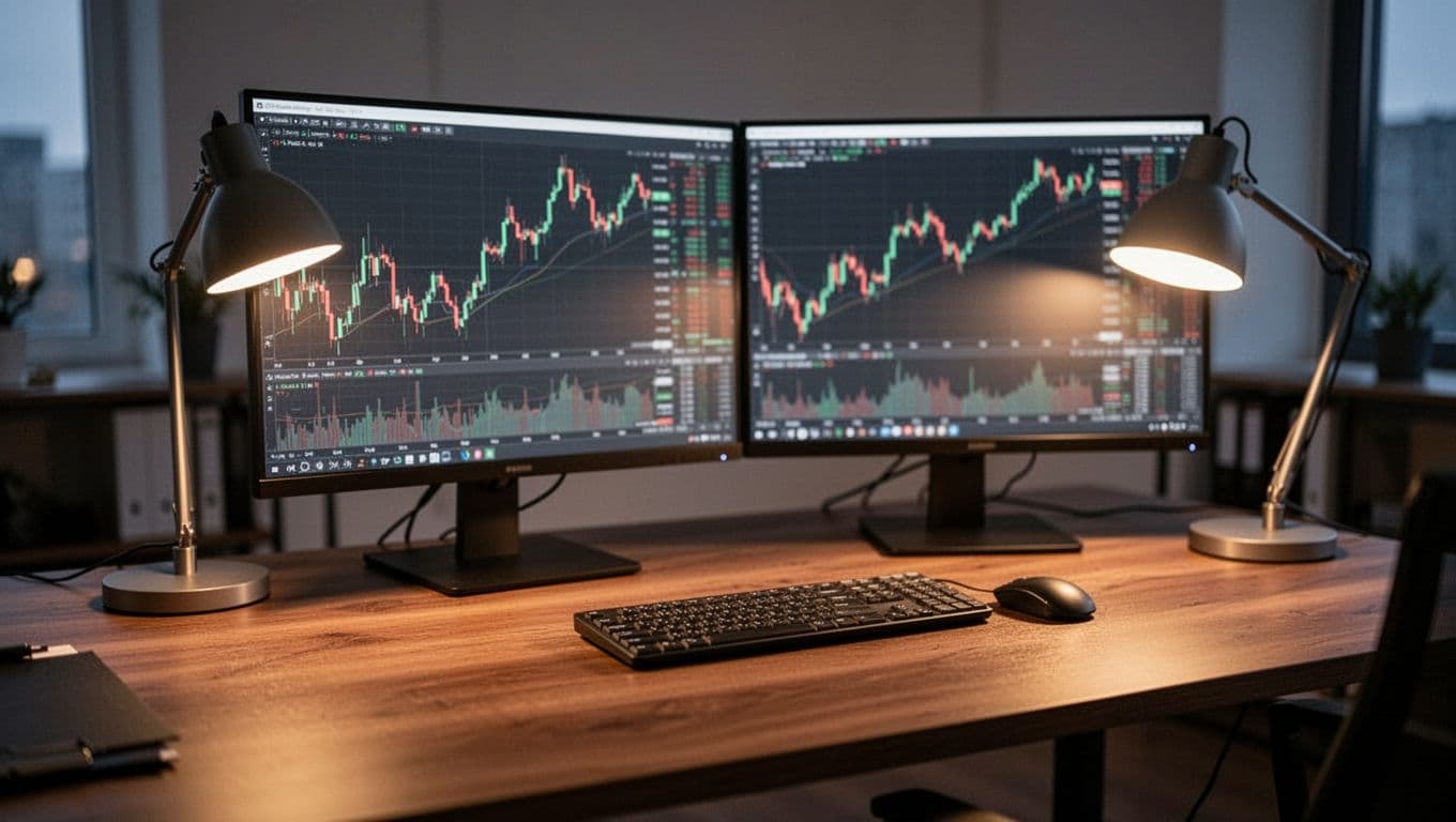 Dual monitors on a desk display blurred forex candlestick charts, keyboard, mouse, and evening lamp.