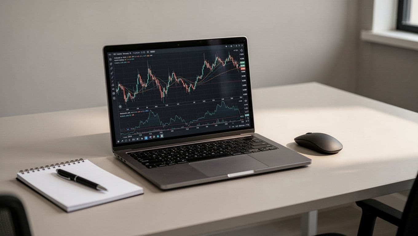 Laptop on office desk displaying forex trading charts with indicators for small lot sizes and limited open positions, mouse hovering nearby, notepad and pen on desk, realistic photographic style.