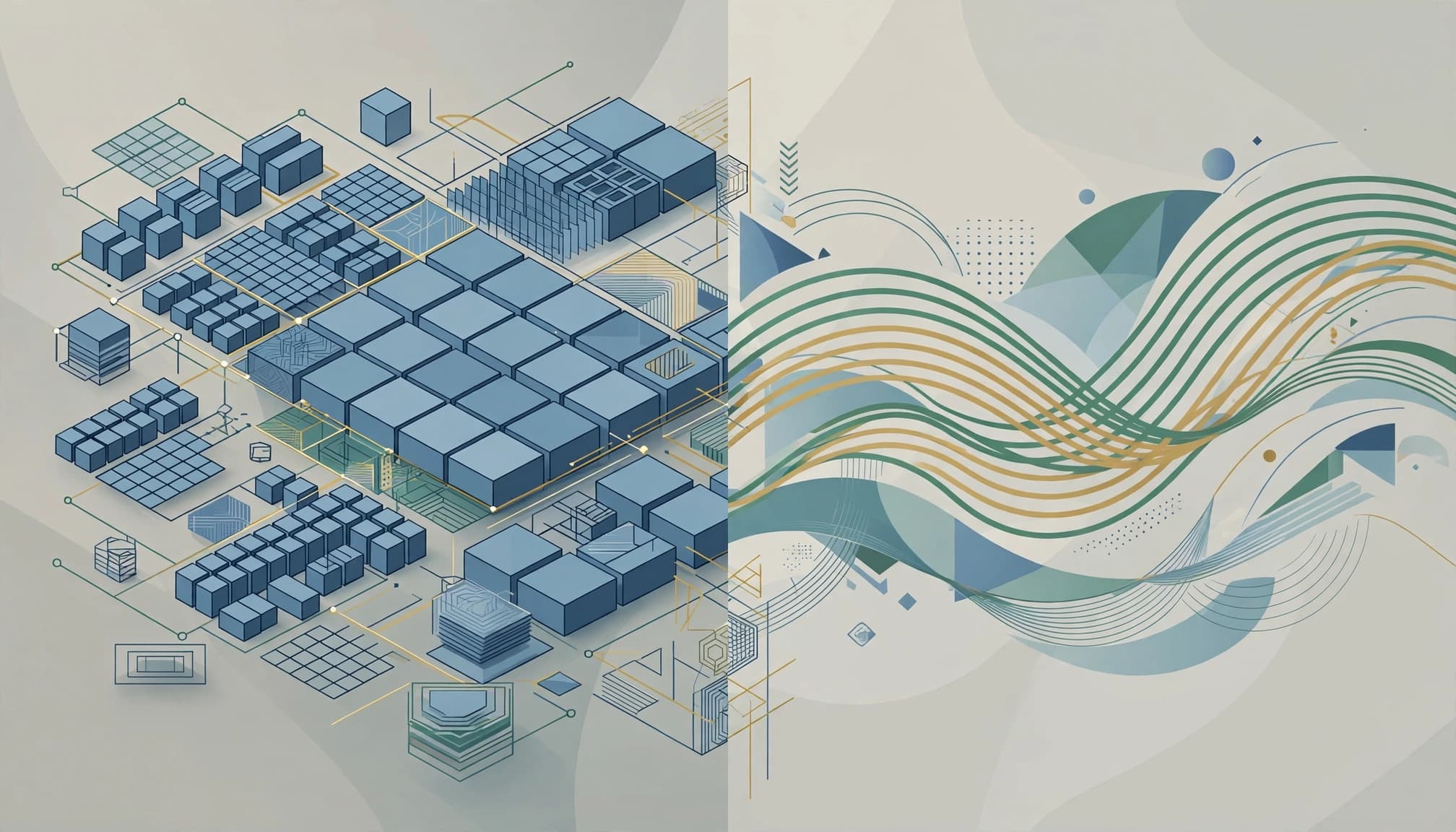 An abstract split illustration showing isometric blue blocks on the left and flowing currency lines on the right.