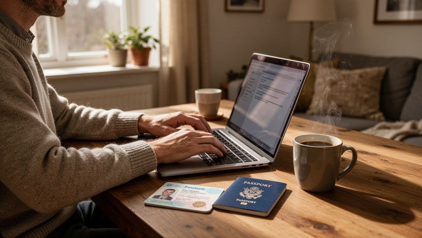 A single person at a cozy home desk with laptop open to registration page, passport nearby for ID verification, coffee mug, natural window light, realistic photo.