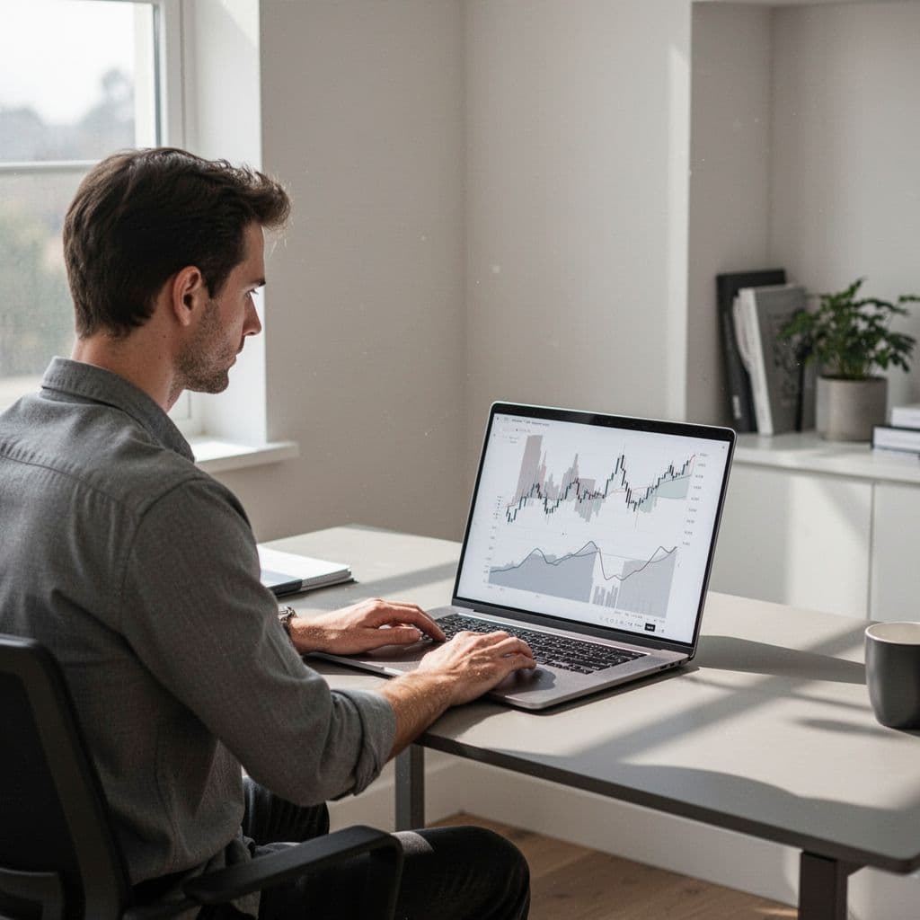 A person sits at a desk in a modern home office, looking at simple abstract market charts on a laptop.