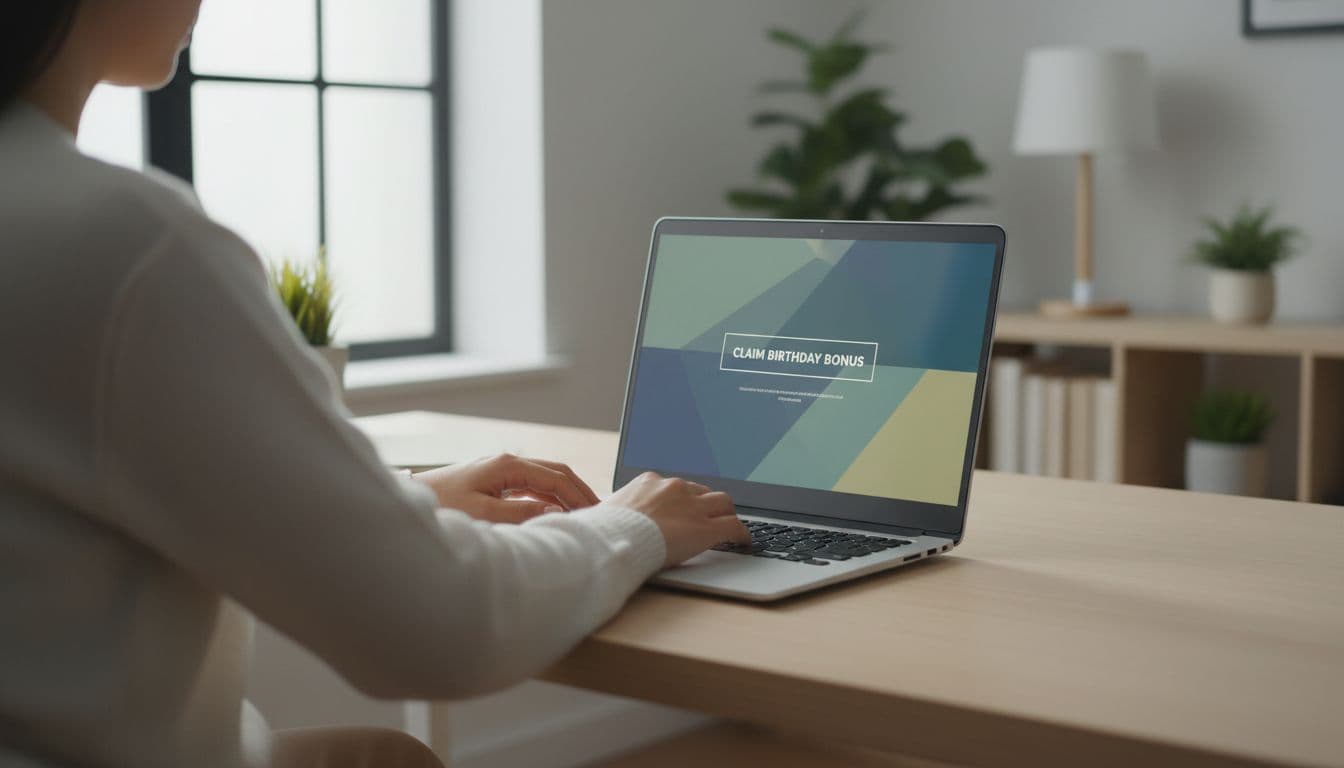 Person at clean home office desk uses laptop showing angled generic profile page, hands on keyboard, soft window light.