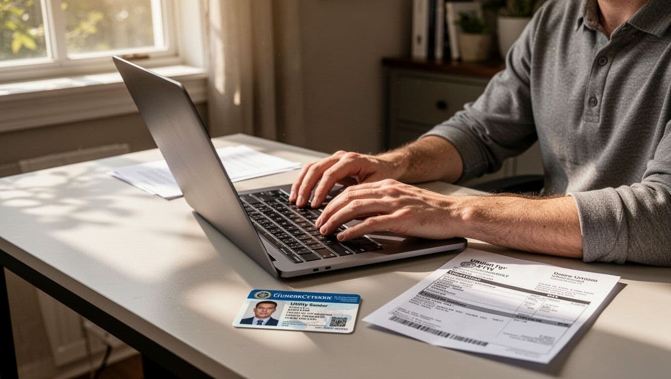 Person sits at laptop in home office uploading documents, government ID and utility bill on desk nearby.