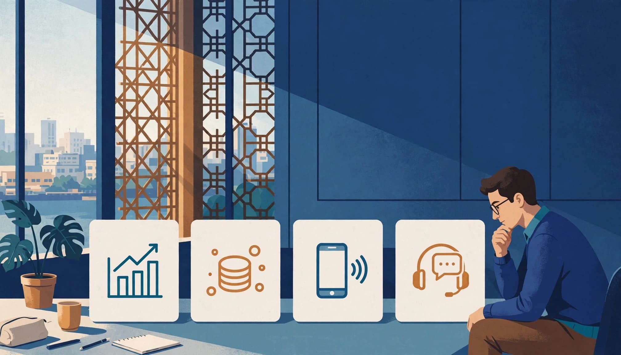An editorial illustration of a person reviewing four financial cards with icons.