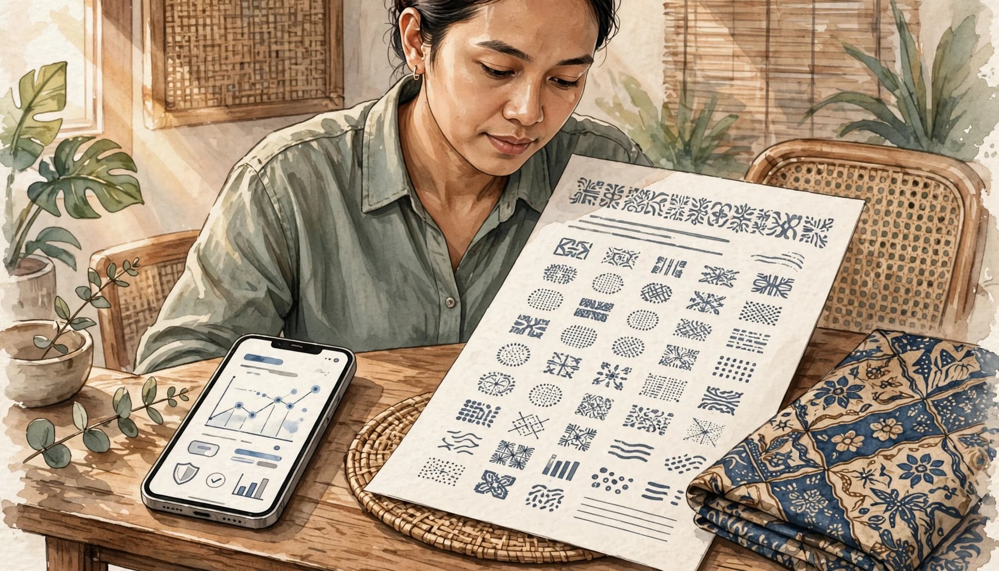 A person reviewing a document and a smartphone displaying financial charts at a wooden table.