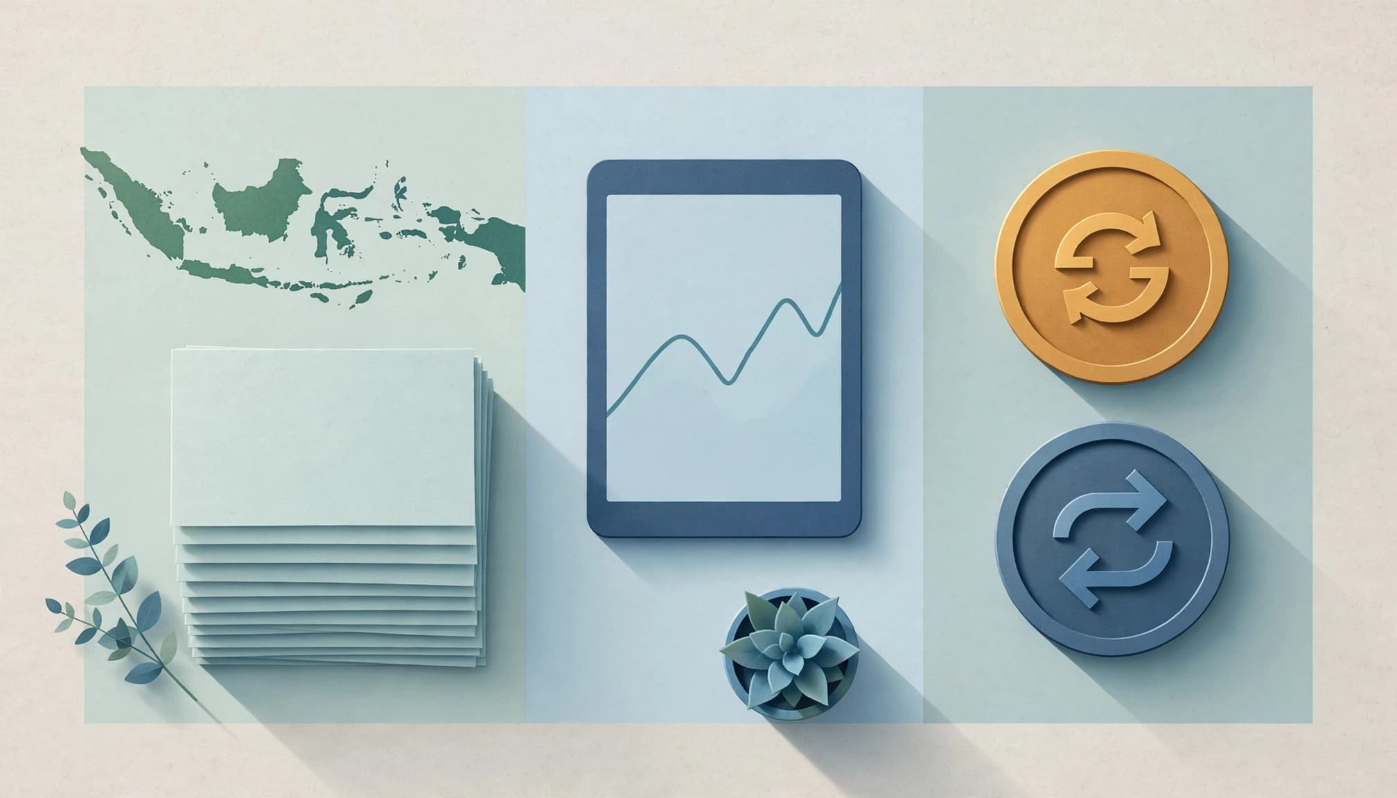 Editorial still life showing an Indonesian map, share stack, chart tablet, and tokens.