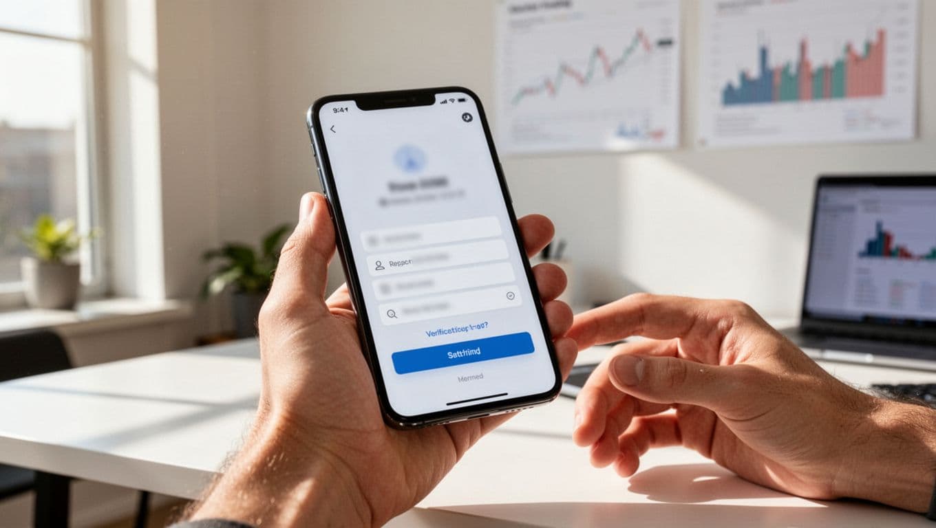 Hand holding smartphone at an angle showing blurred trading app registration screen with verification steps, other hand relaxed nearby, modern home office background with wall charts, bright daylight, photorealistic.