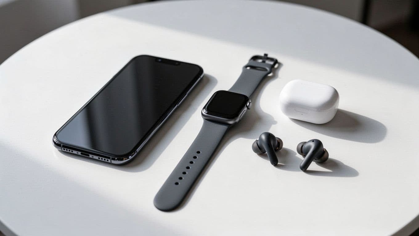 iPhone 17 Pro, Apple Watch Series 10, and AirPods 4 arranged neatly on a white table.