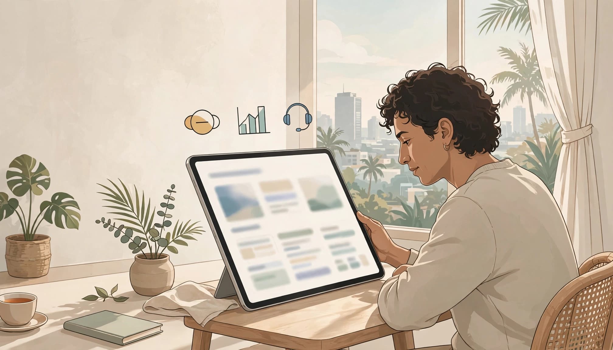 An illustration of a person looking at a tablet with abstract icons floating above.