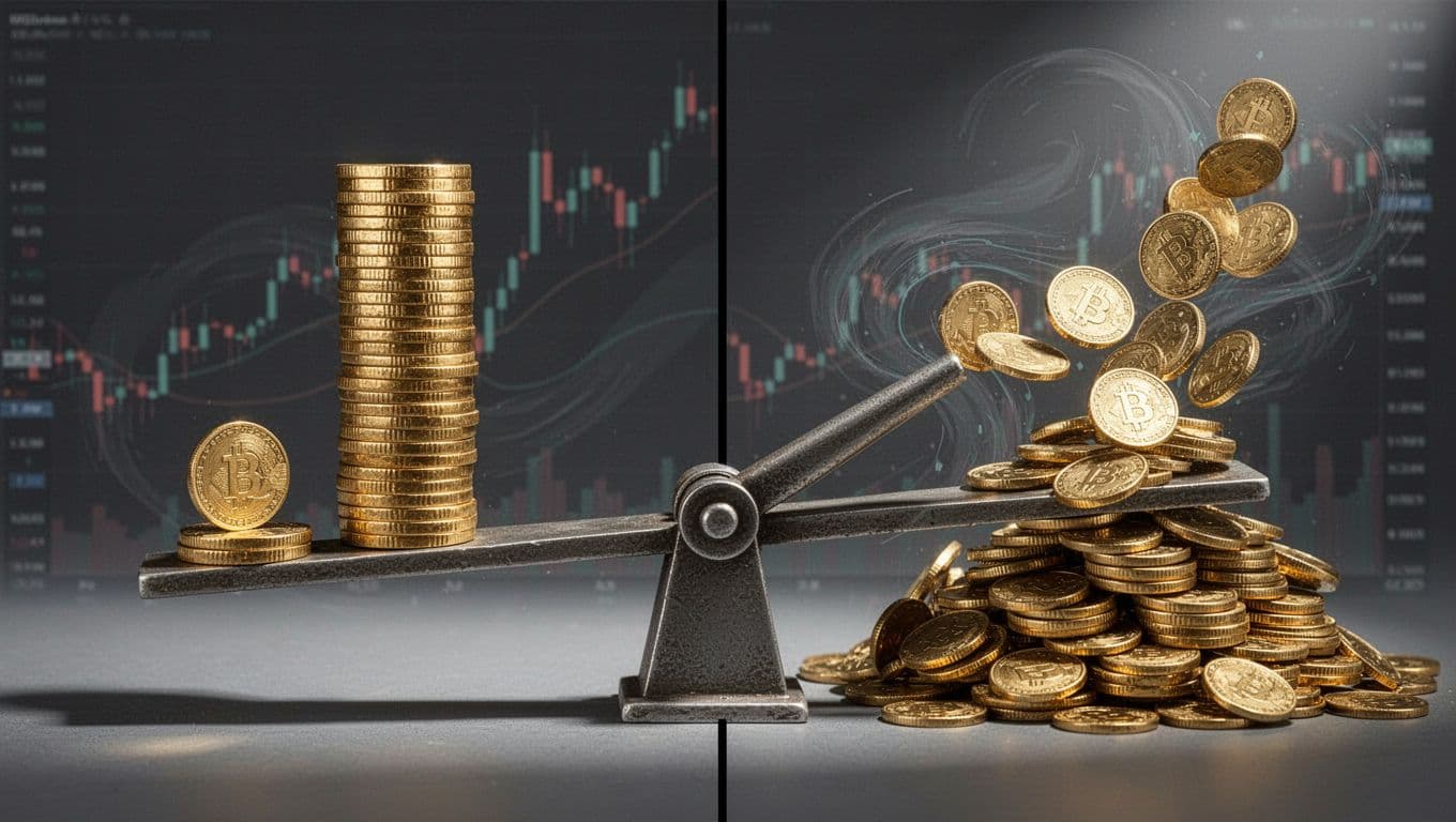 Split image: small gold coin lifts large pile on left lever end, topples pile on right, faint forex charts background.