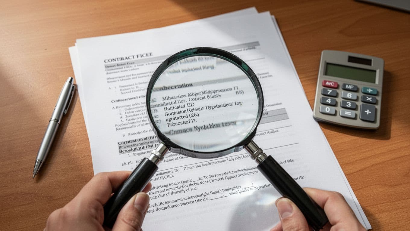 Close-up top-down view of a magnifying glass revealing fine print texture on detailed financial contract pages on a wooden desk, with pen and calculator nearby, neutral office lighting, high-resolution realistic style, no people or readable text.